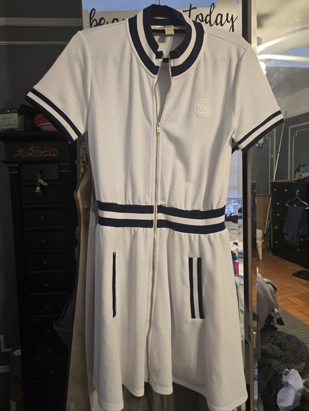 Michael Kors White Dress with Navy Trim Zip Front